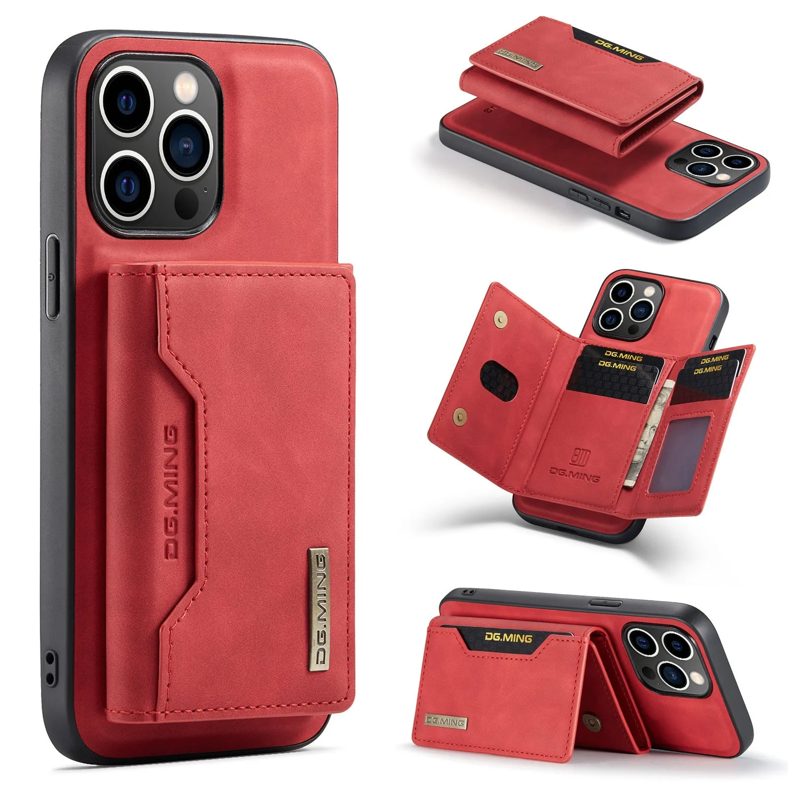 Magnetic card holder split phone case for iPhone in retro PU leather, black colour, with card slot and magnetic attachment