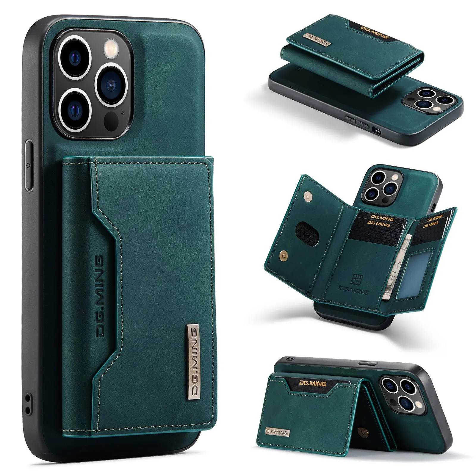 Magnetic card holder split phone case for iPhone in retro PU leather, black colour, with card slot and magnetic attachment