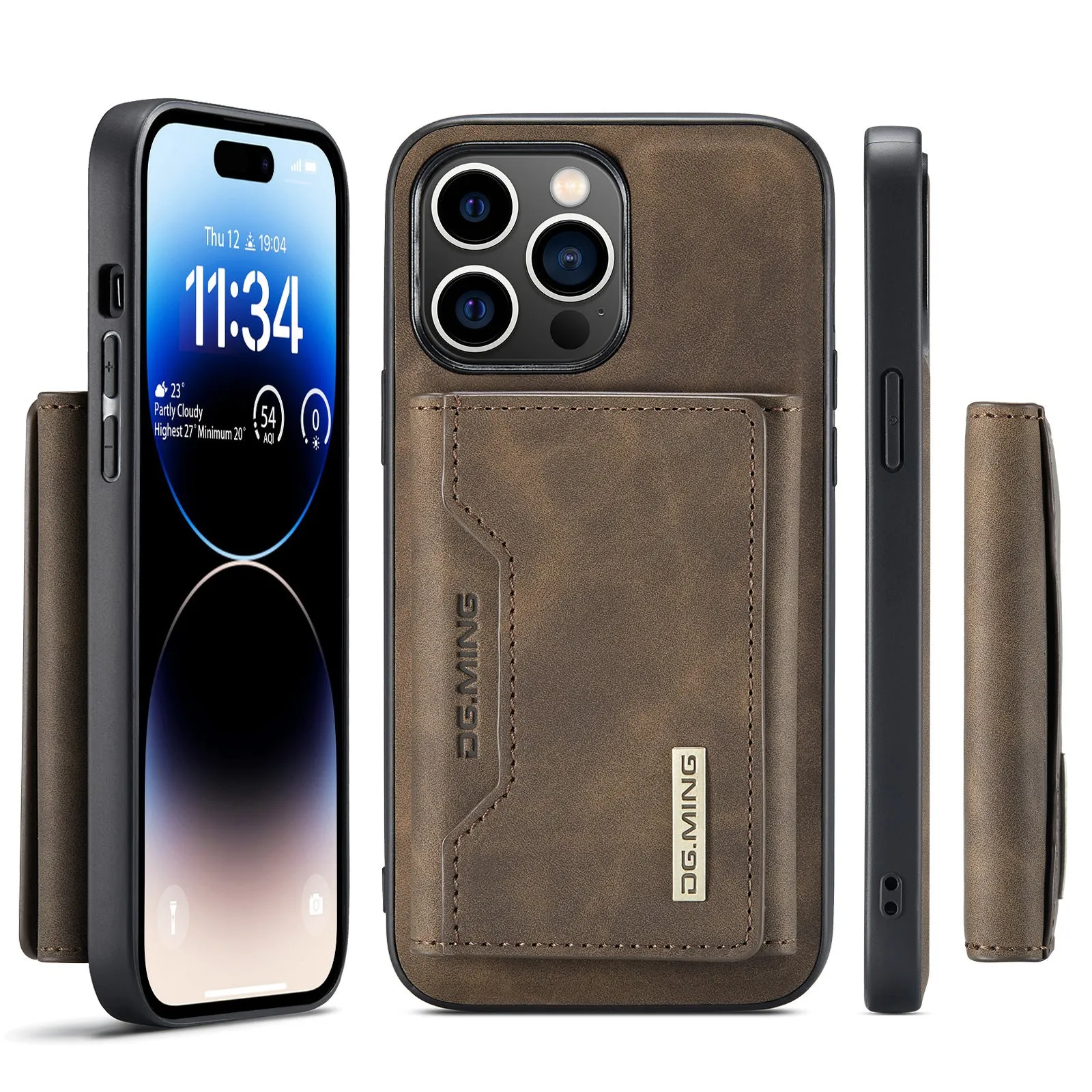 Magnetic card holder split phone case for iPhone in retro PU leather, black colour, with card slot and magnetic attachment