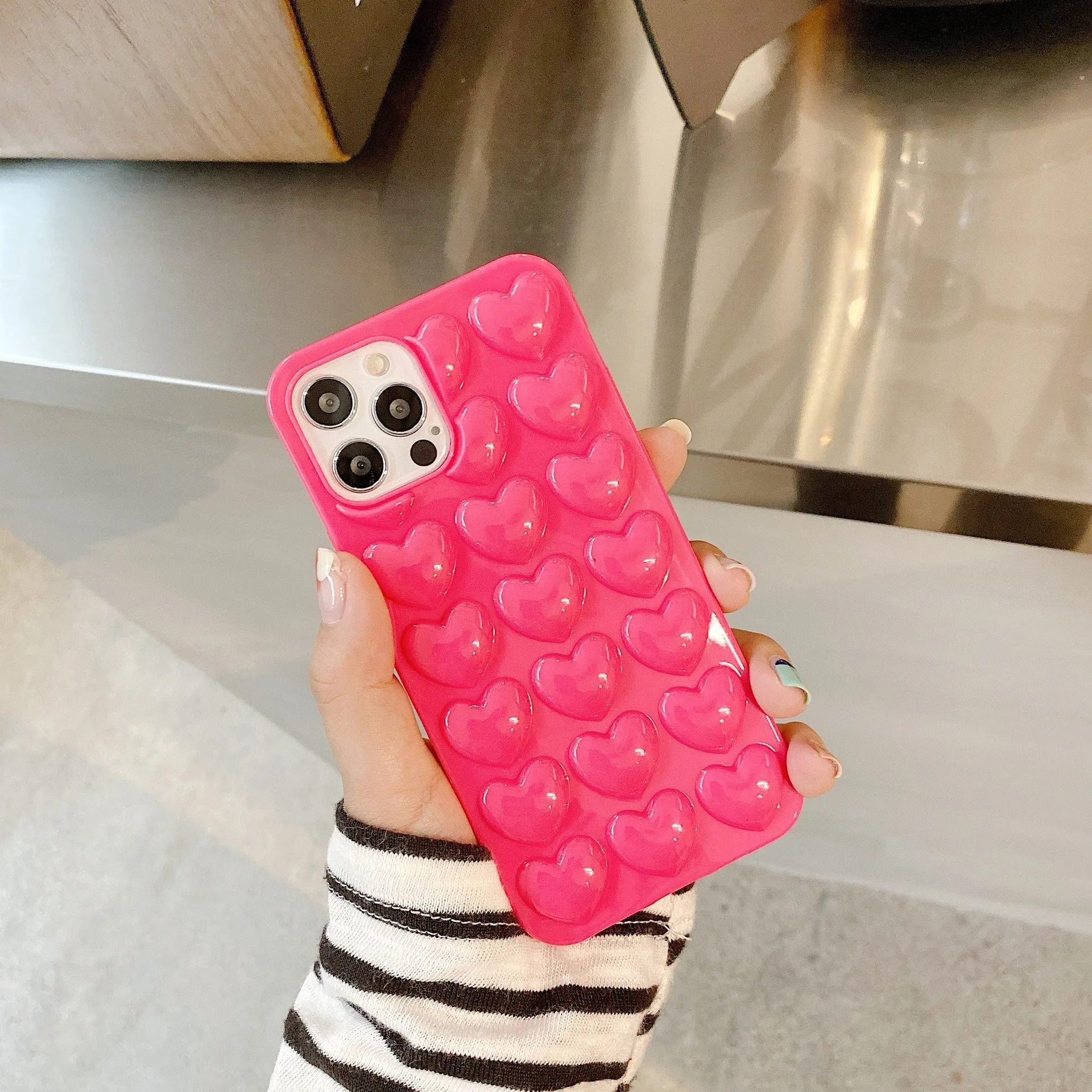 Peach heart TPU phone case with lanyard for iPhone, three-dimensional love design