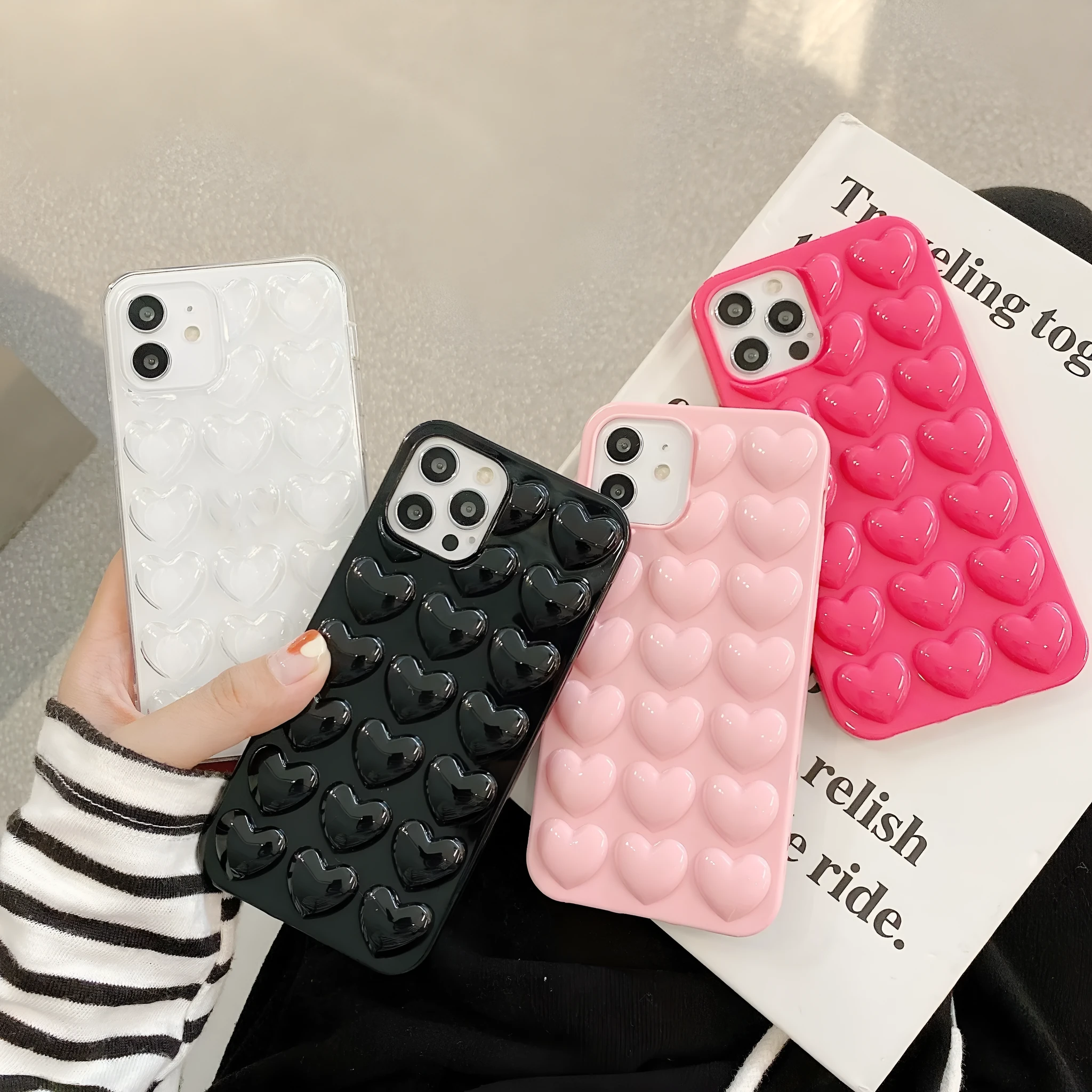 Peach heart TPU phone case with lanyard for iPhone, three-dimensional love design