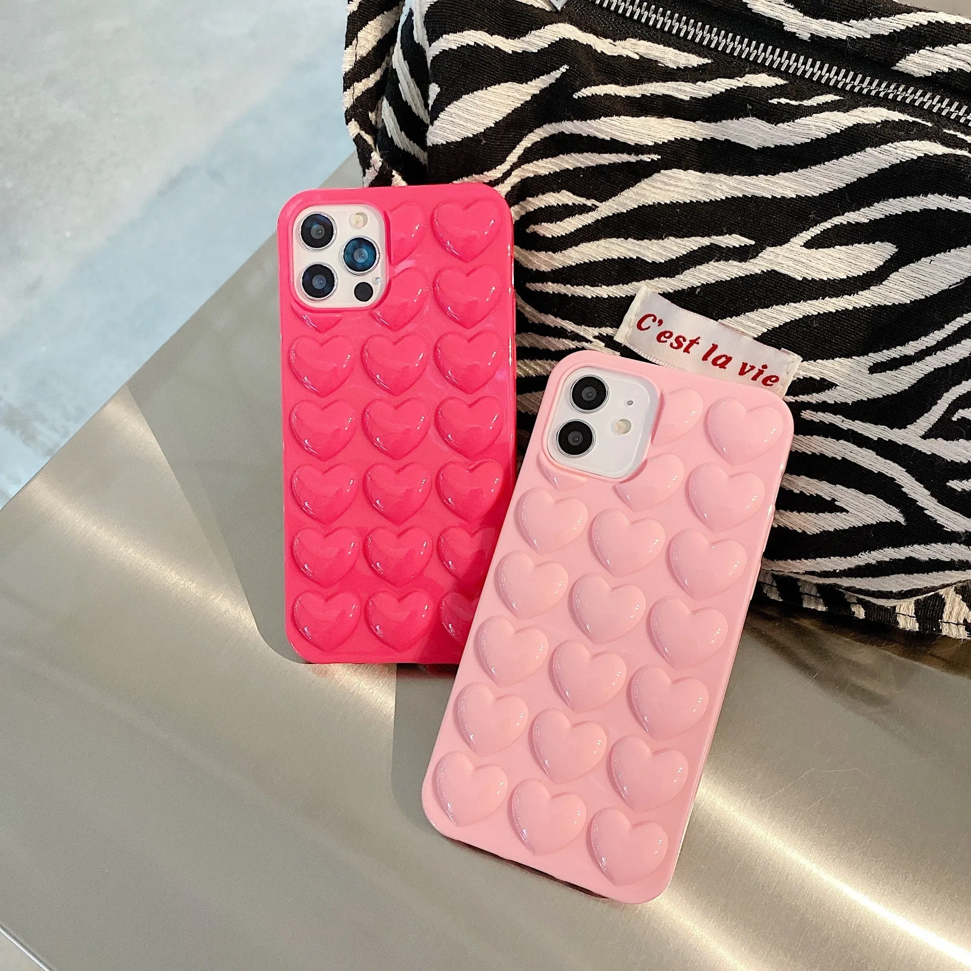 Peach heart TPU phone case with lanyard for iPhone, three-dimensional love design