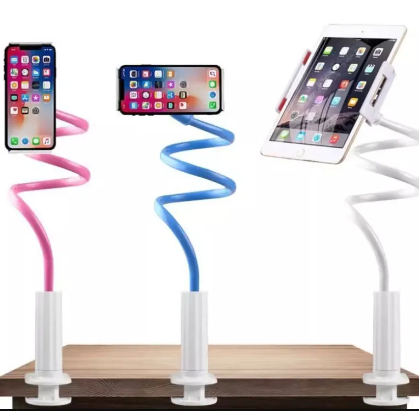 Blue universal mobile phone holder with 120cm pole clamped to bedside table holding a tablet