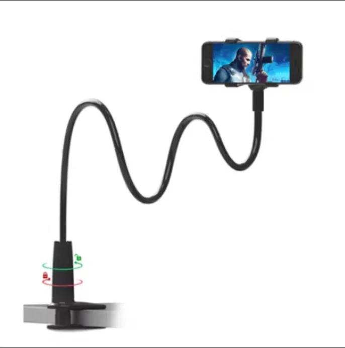 Blue universal mobile phone holder with 120cm pole clamped to bedside table holding a tablet