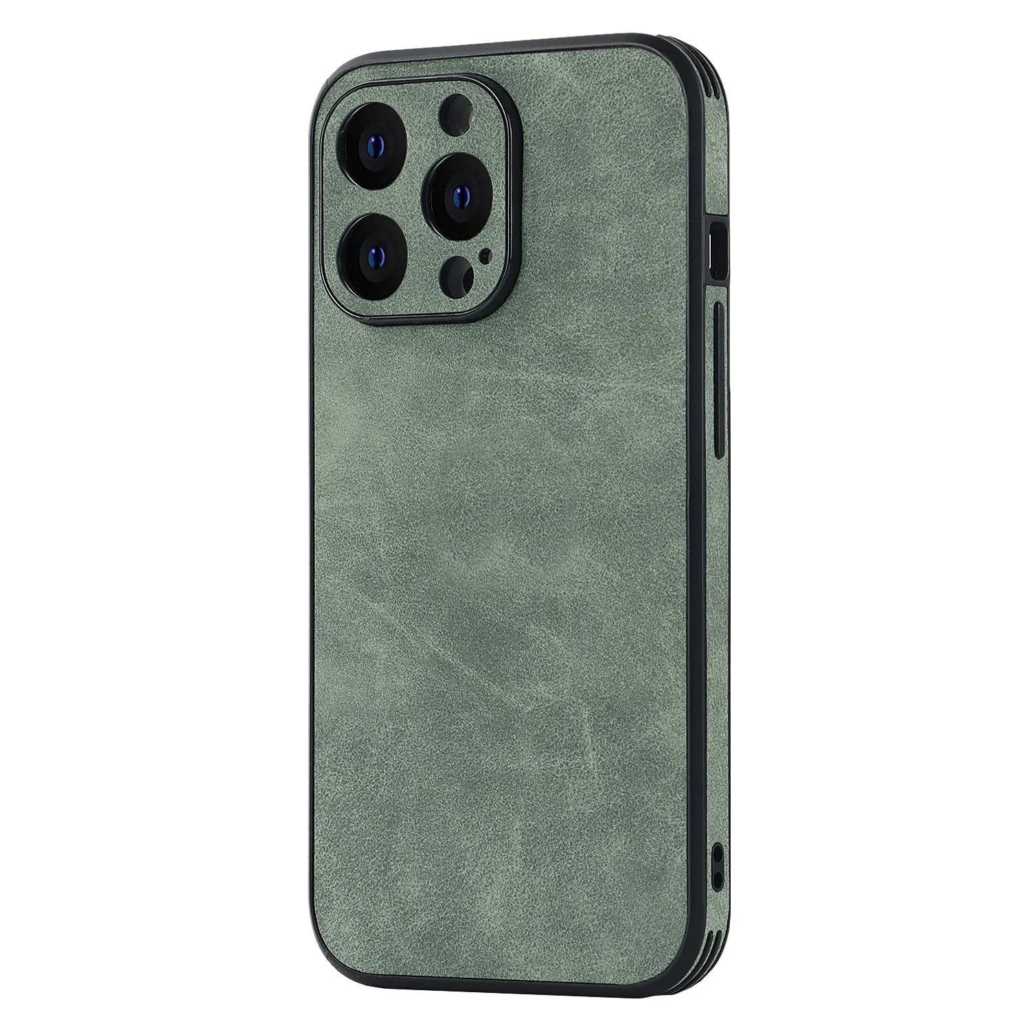 TPU skin phone case with imitation leather back for iPhone 14 in grey, showing rear camera cutout