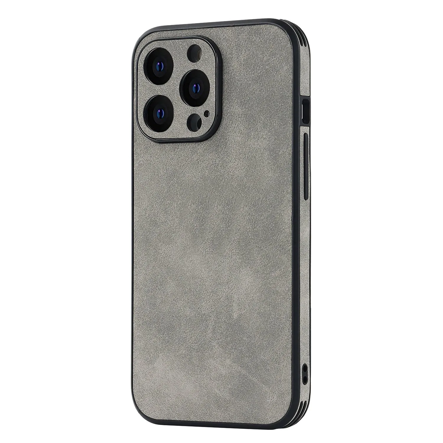 TPU skin phone case with imitation leather back for iPhone 14 in grey, showing rear camera cutout