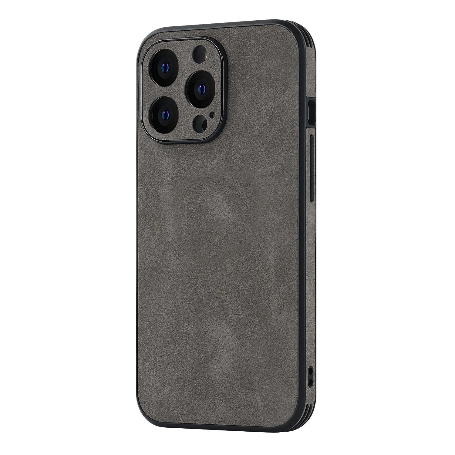 TPU skin phone case with imitation leather back for iPhone 14 in grey, showing rear camera cutout