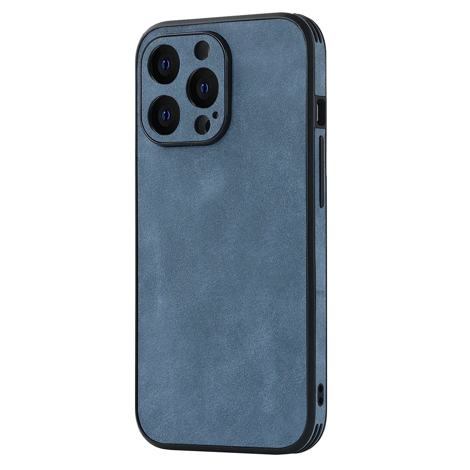 TPU skin phone case with imitation leather back for iPhone 14 in grey, showing rear camera cutout