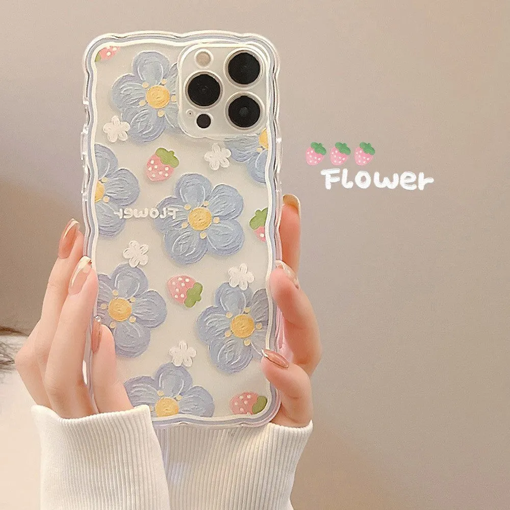 Wave edge transparent TPU silicone phone case with blueberry flower design for Apple iPhone