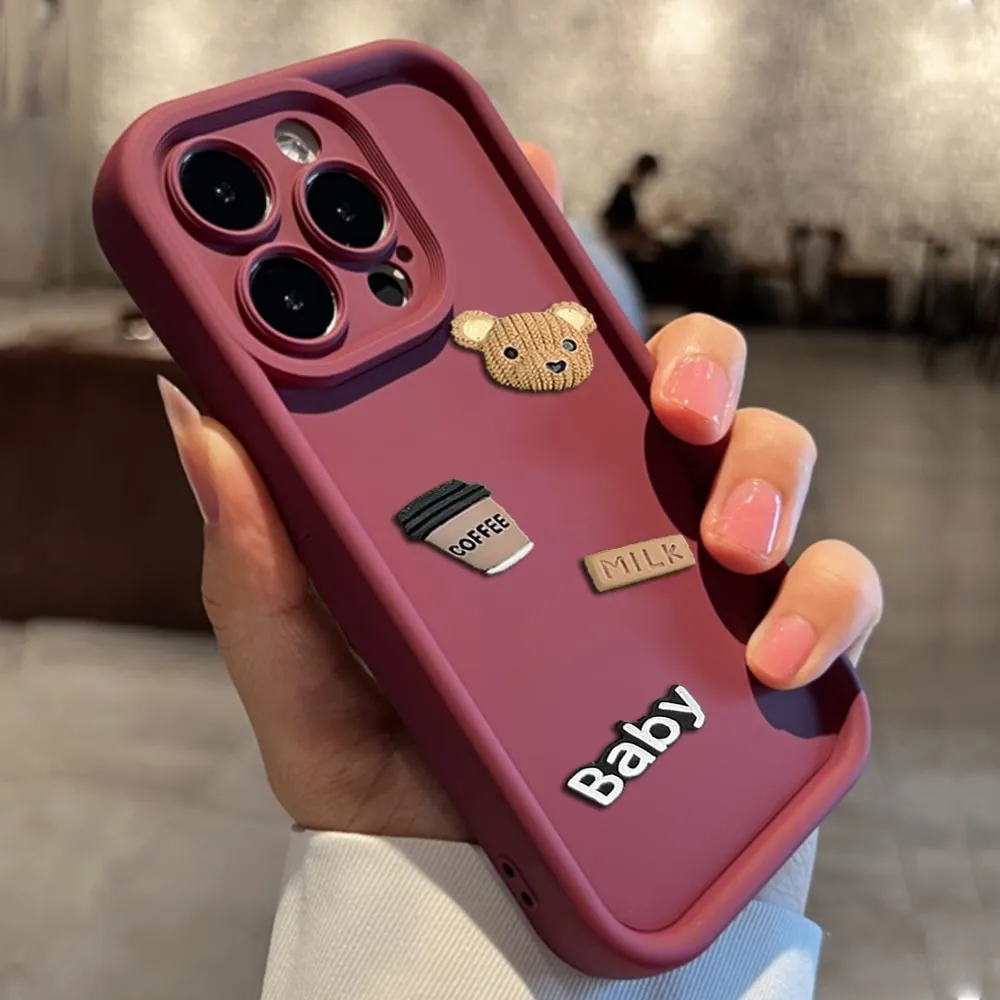 Brown stereo coffee doll bear soft TPU phone case for iPhone with all-inclusive frosted finish