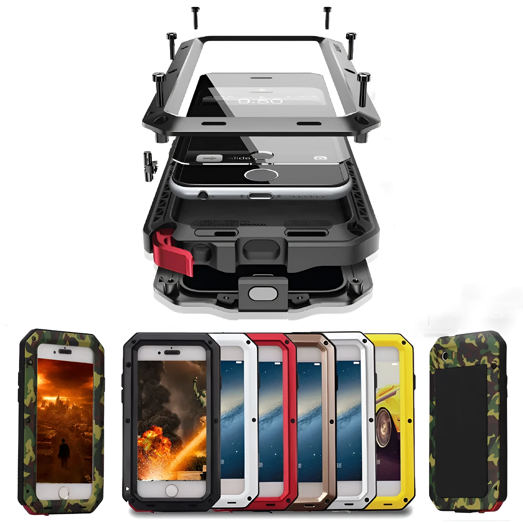 Aluminium alloy anti-drop phone case in black, compatible with iPhone and Samsung Galaxy models