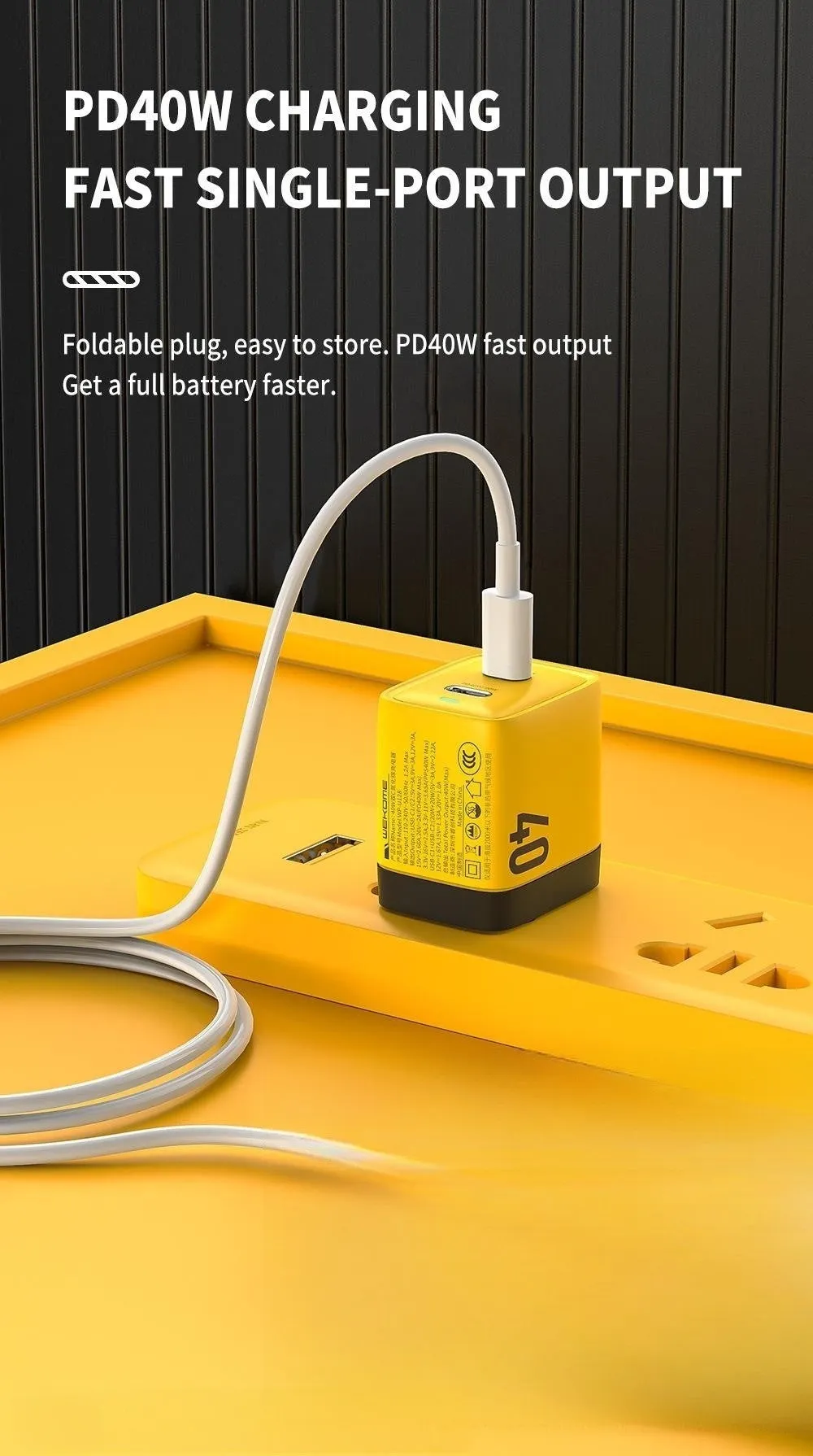 Gallium Nitride 40W mobile phone charging plug for Apple iPhone 14 in yellow with Type-C interface