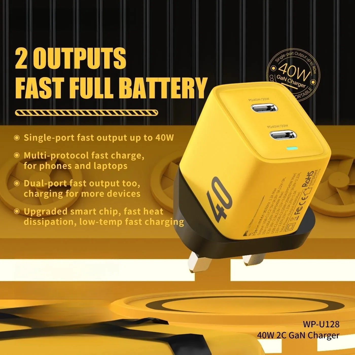 Gallium Nitride 40W mobile phone charging plug for Apple iPhone 14 in yellow with Type-C interface