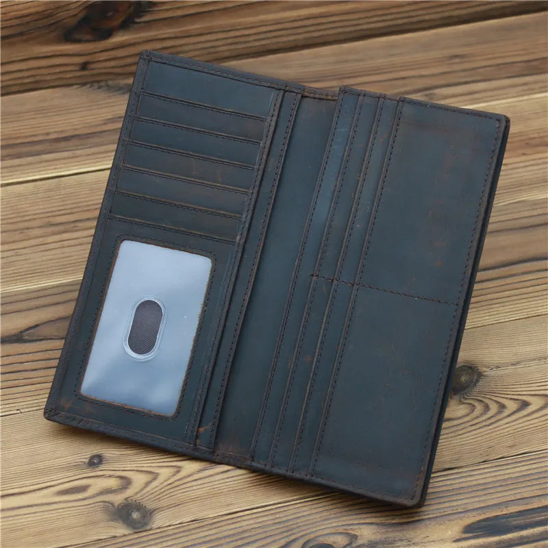 Pure first layer cowhide retro wallet in dark brown with 10 card slots and zip pocket