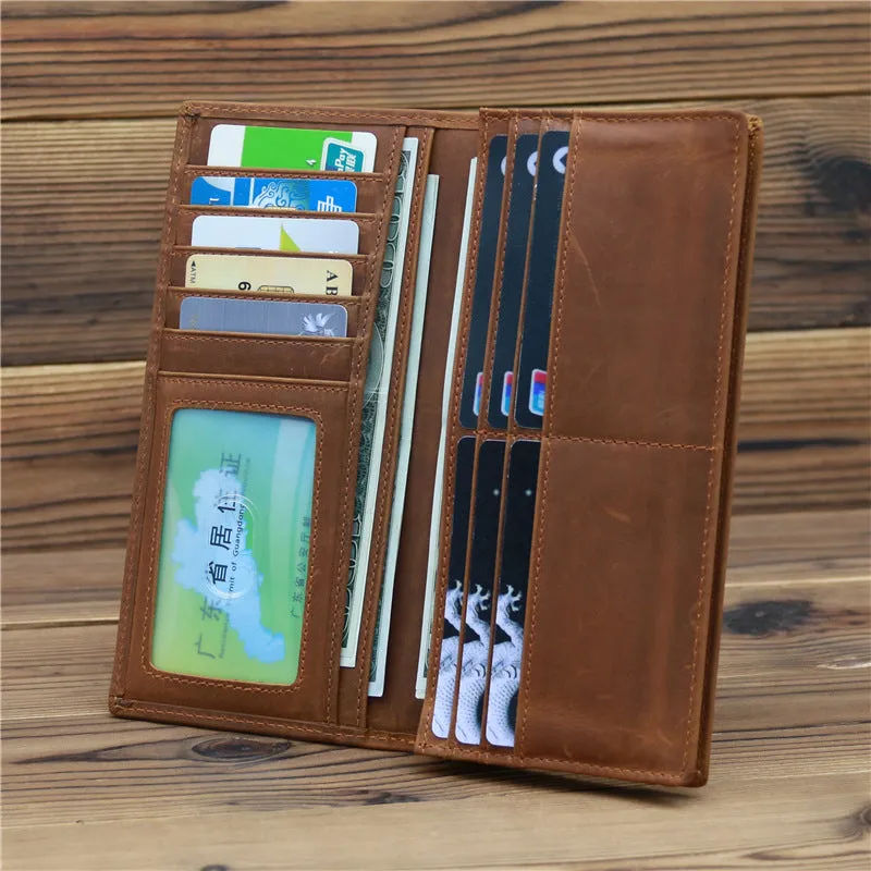 Pure first layer cowhide retro wallet in dark brown with 10 card slots and zip pocket