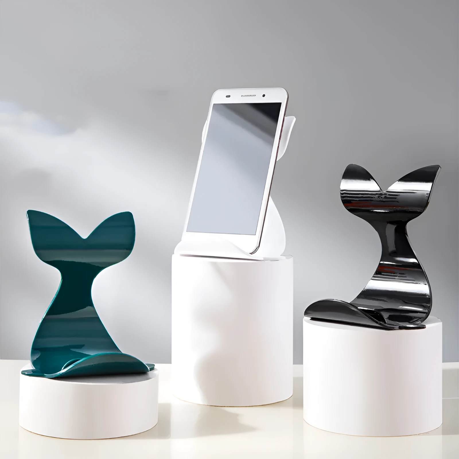 Whale desktop mobile phone bracket stand in PS plastic with creative tail design, black colour option