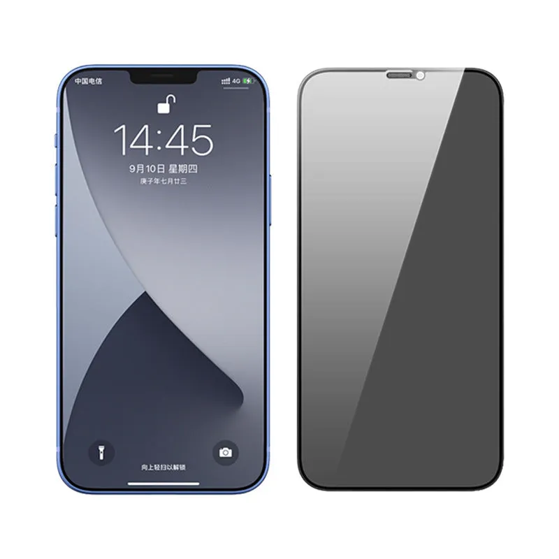 Tempered glass anti-peep screen protector for iPhone shows dust-proof mesh and cutout for camera