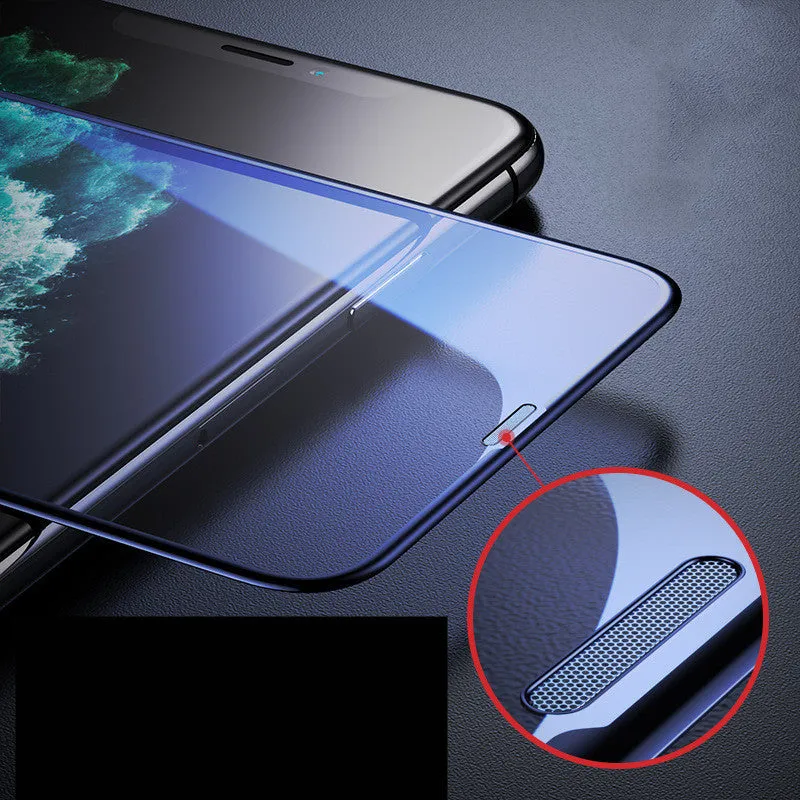 Tempered glass anti-peep screen protector for iPhone shows dust-proof mesh and cutout for camera