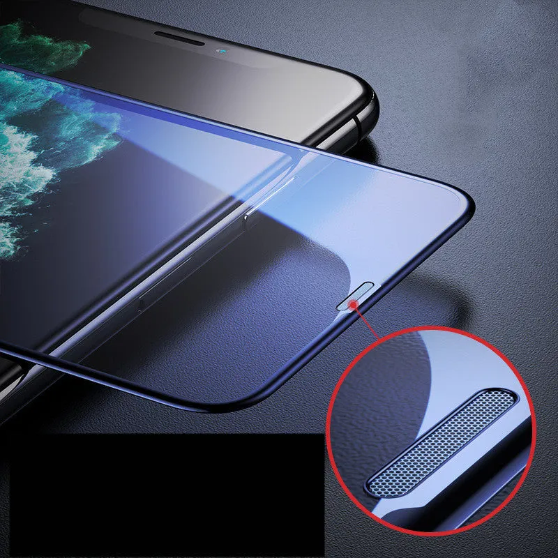 Tempered glass anti-peep screen protector for iPhone shows dust-proof mesh and cutout for camera