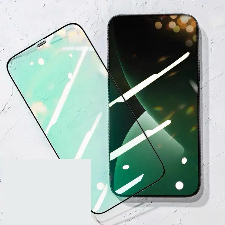 Tempered glass anti-peep screen protector for iPhone shows dust-proof mesh and cutout for camera