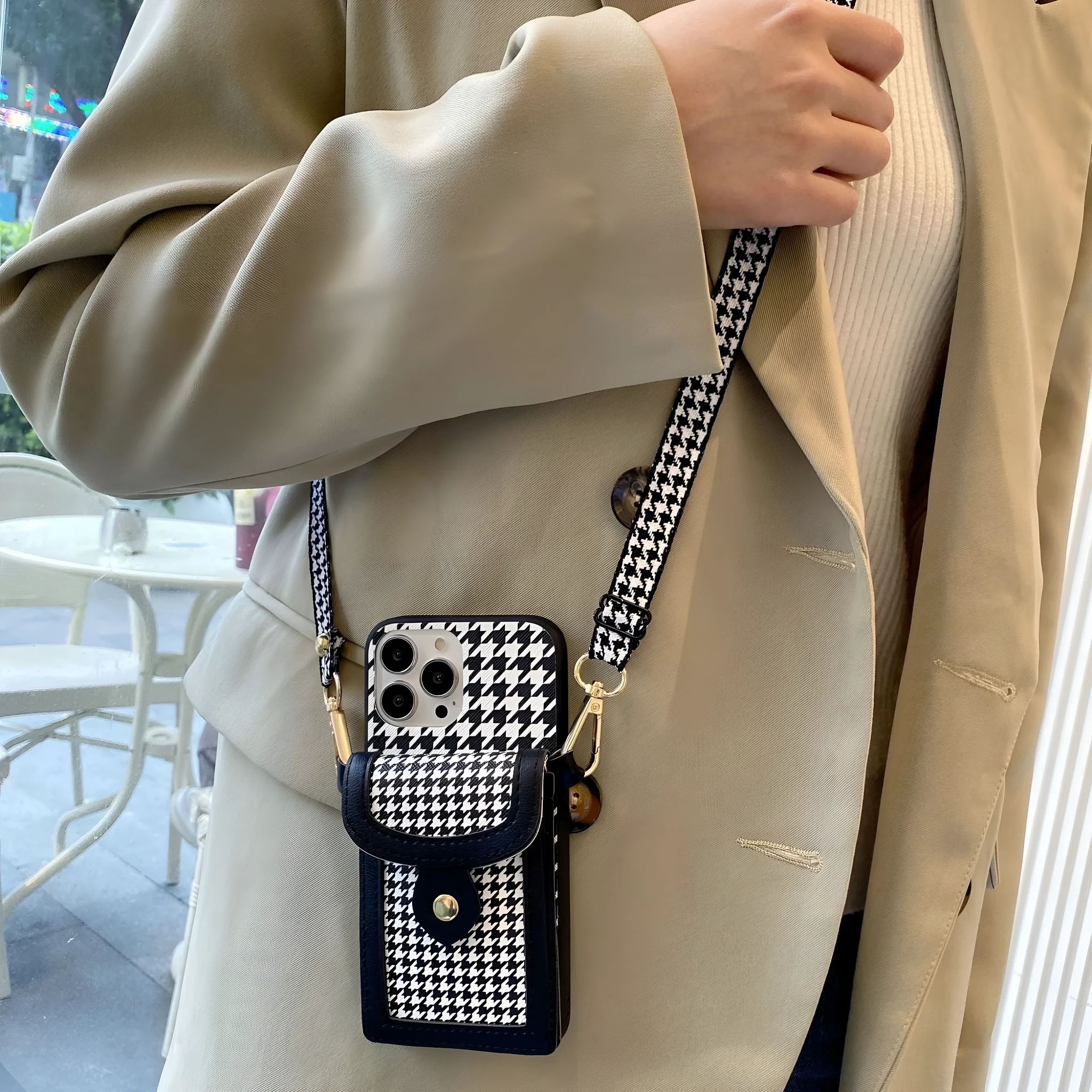 Houndstooth pattern TPU PC phone case with card lanyard for iPhone models