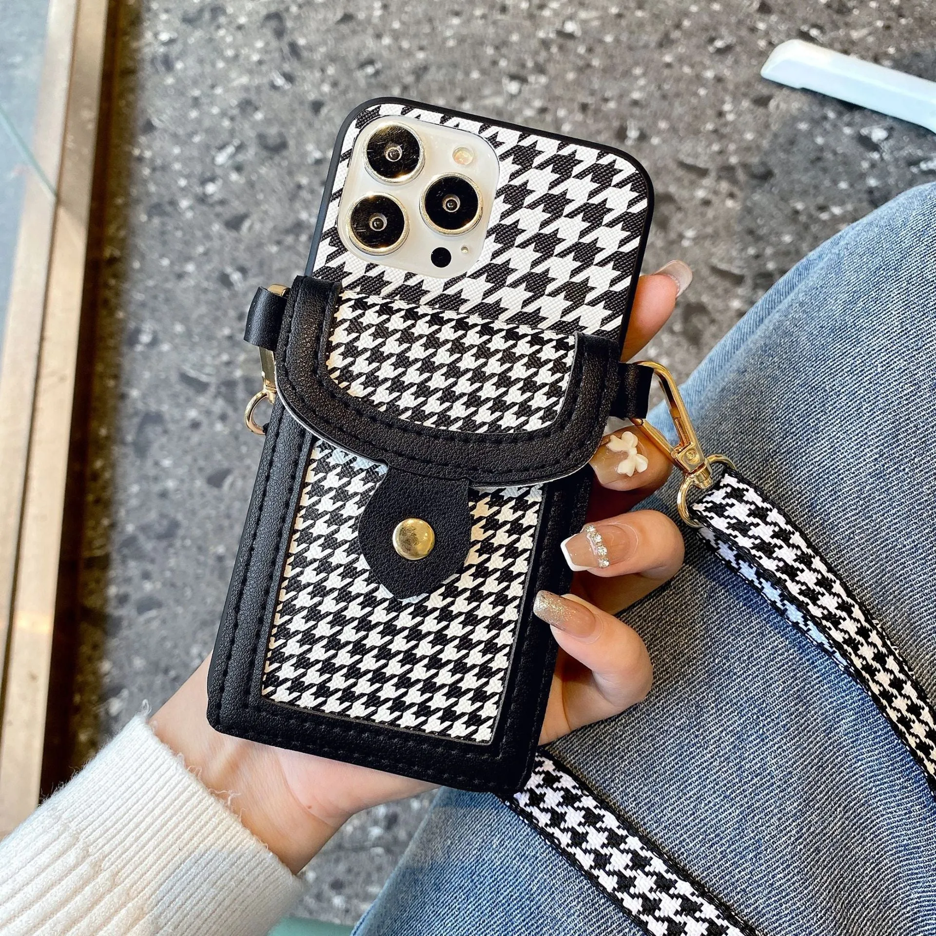 Houndstooth pattern TPU PC phone case with card lanyard for iPhone models