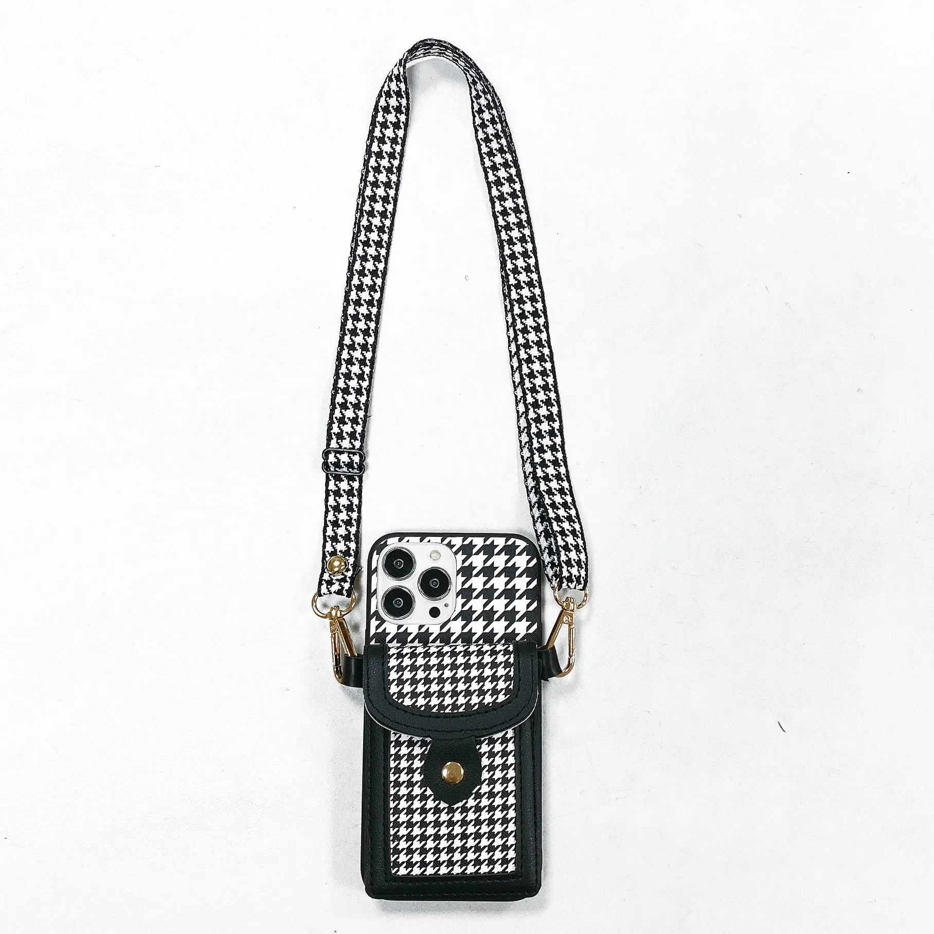 Houndstooth pattern TPU PC phone case with card lanyard for iPhone models