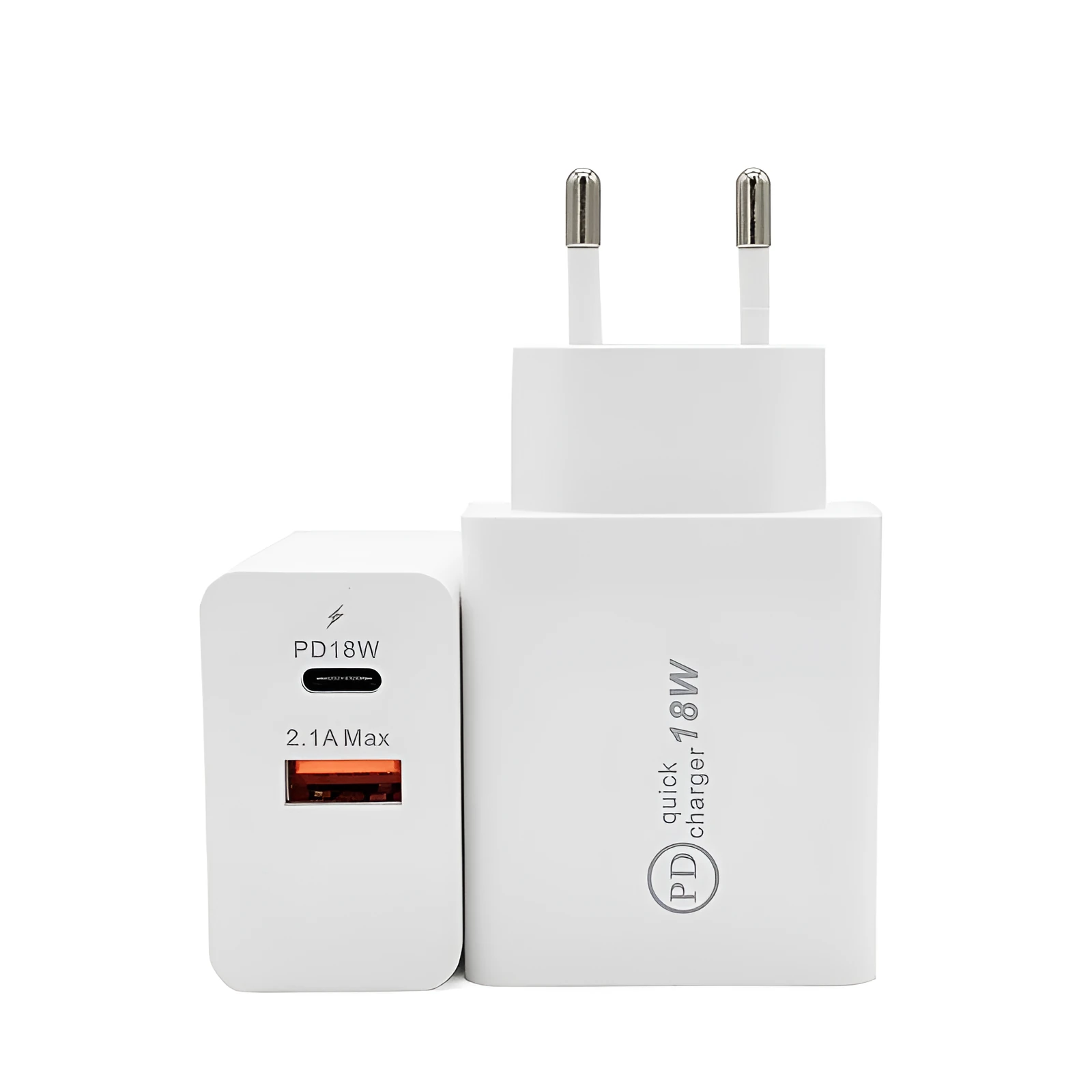 White 18W USB-C PD fast charger wall adapter with US plug on a table.