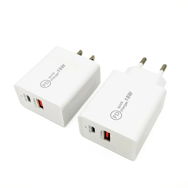 White 18W USB-C PD fast charger wall adapter with US plug on a table.