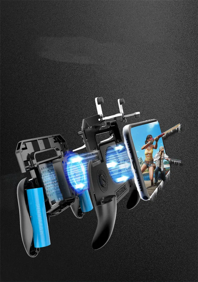 Black USB mobile game controller for smartphones with integrated grip and function buttons.