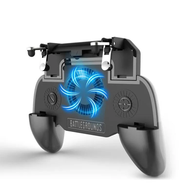 Black USB mobile game controller for smartphones with integrated grip and function buttons.