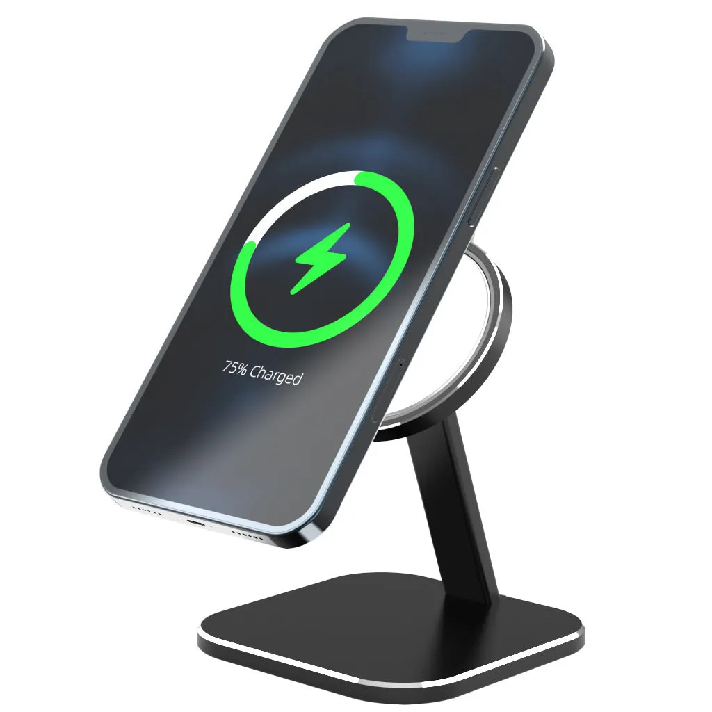 Black magnetic bracket wireless charger stand for iPhone 12 on a desktop