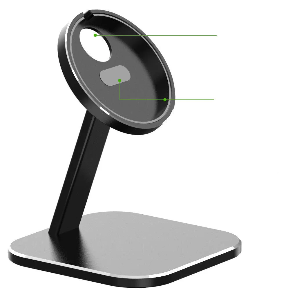 Black magnetic bracket wireless charger stand for iPhone 12 on a desktop