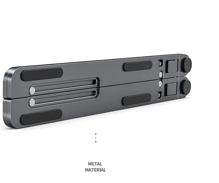 Aluminium foldable laptop stand in silver colour, shown elevated with a laptop on top