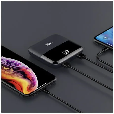 Digital display power bank with LCD screen showing battery level, compact plastic design, available in black