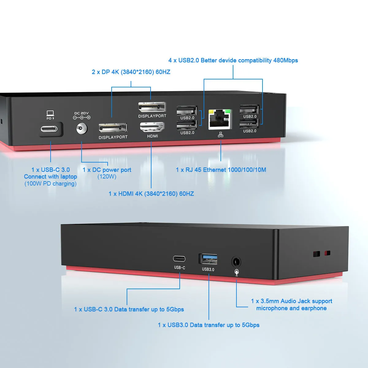 Type-C docking station with 12 ports, 4K display support, and 81.5cm cable