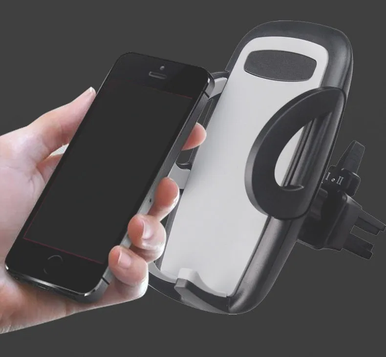 Black plastic car air conditioning outlet mobile phone holder mounted in vehicle vent