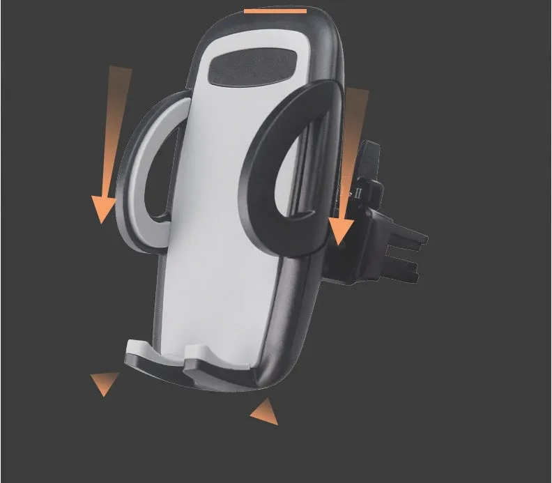Black plastic car air conditioning outlet mobile phone holder mounted in vehicle vent