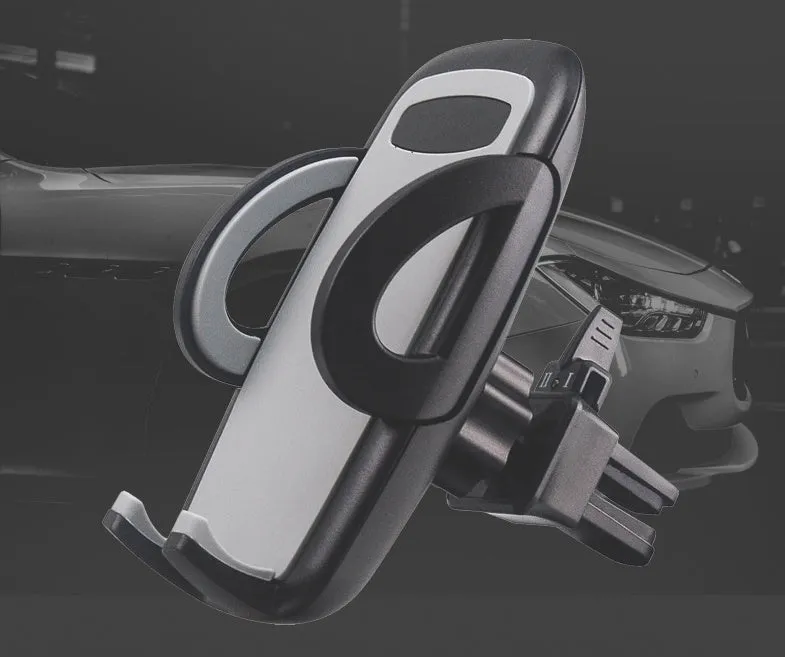 Black plastic car air conditioning outlet mobile phone holder mounted in vehicle vent