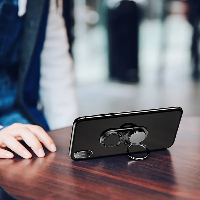 Multifunctional rotating mobile phone holder on a desk showing 360-degree swivel, adjustable angle, in Black colour