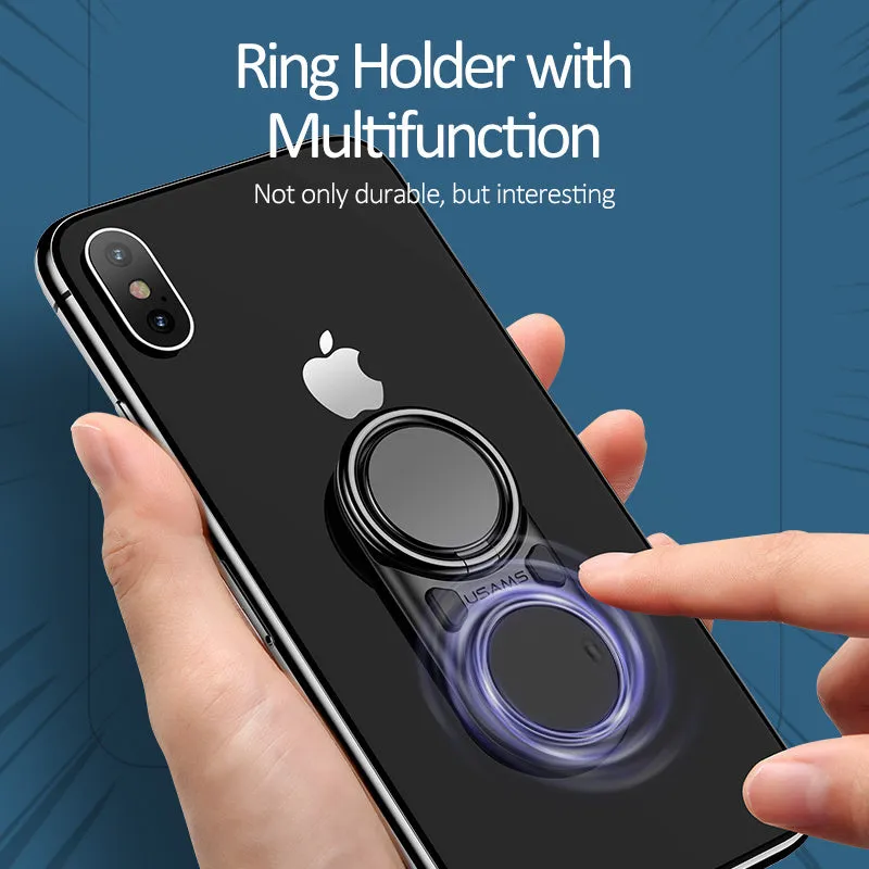 Multifunctional rotating mobile phone holder on a desk showing 360-degree swivel, adjustable angle, in Black colour
