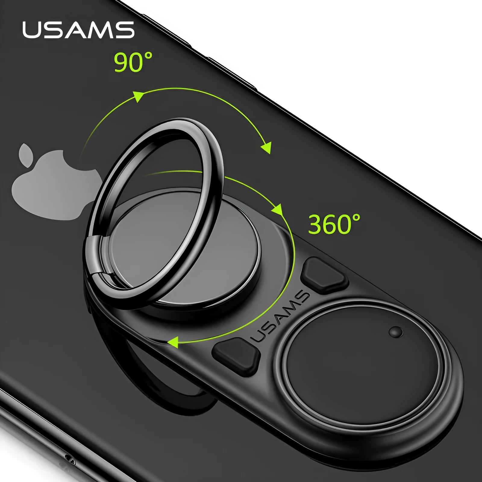 Multifunctional rotating mobile phone holder on a desk showing 360-degree swivel, adjustable angle, in Black colour