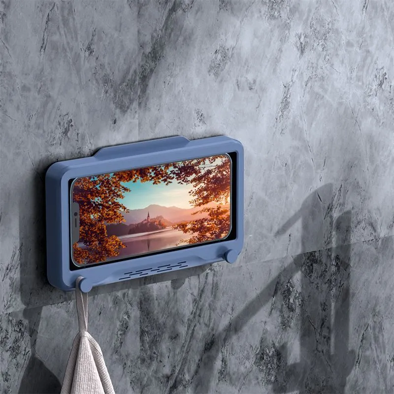 Waterproof touch screen rotatable bathroom wall-mounted mobile phone holder in white with adhesive mounting pad