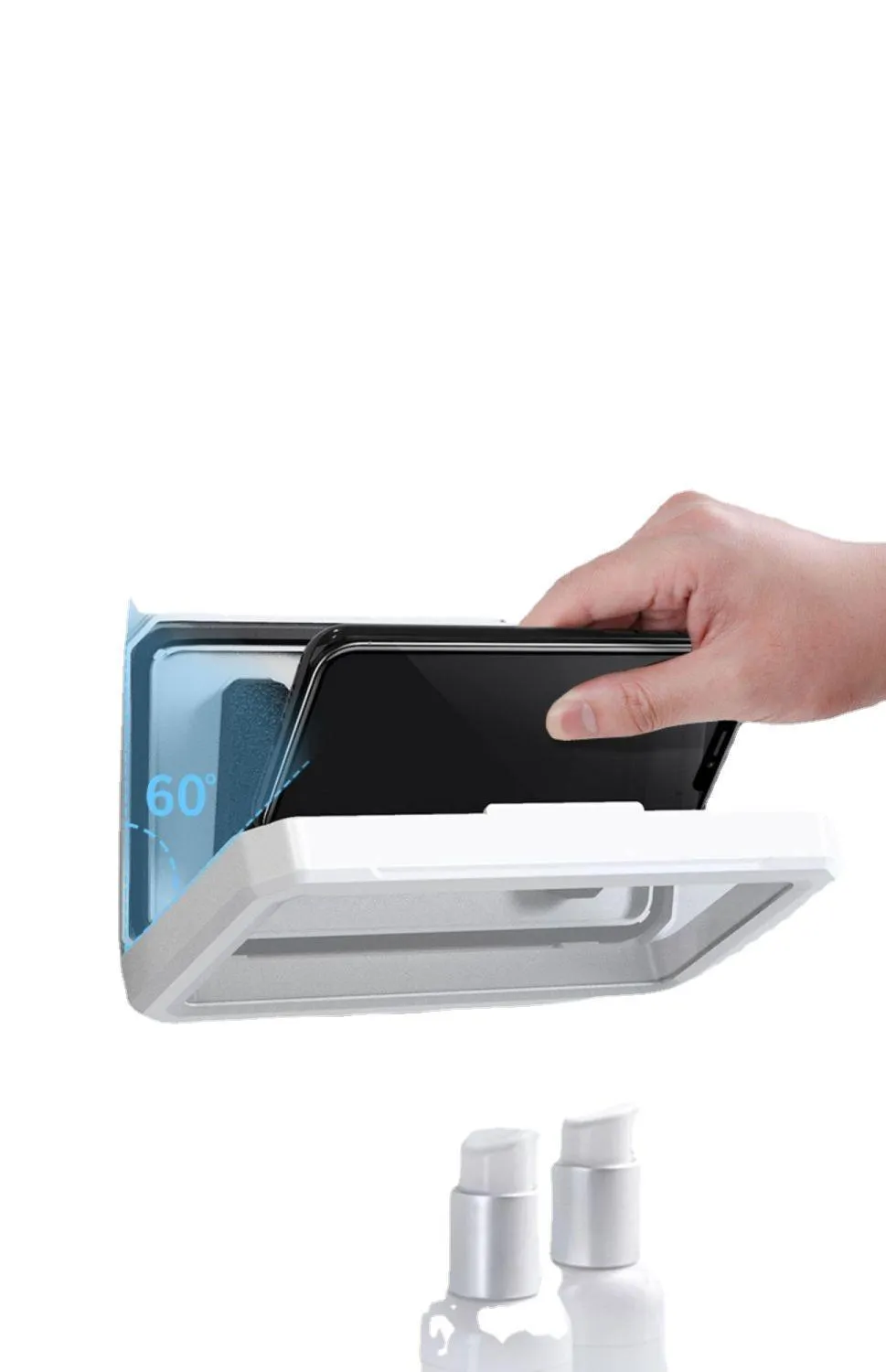Waterproof touch screen rotatable bathroom wall-mounted mobile phone holder in white with adhesive mounting pad