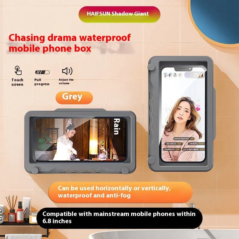 Waterproof touch screen rotatable bathroom wall-mounted mobile phone holder in white with adhesive mounting pad