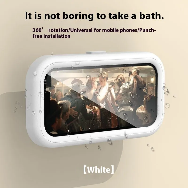 Waterproof touch screen rotatable bathroom wall-mounted mobile phone holder in white with adhesive mounting pad