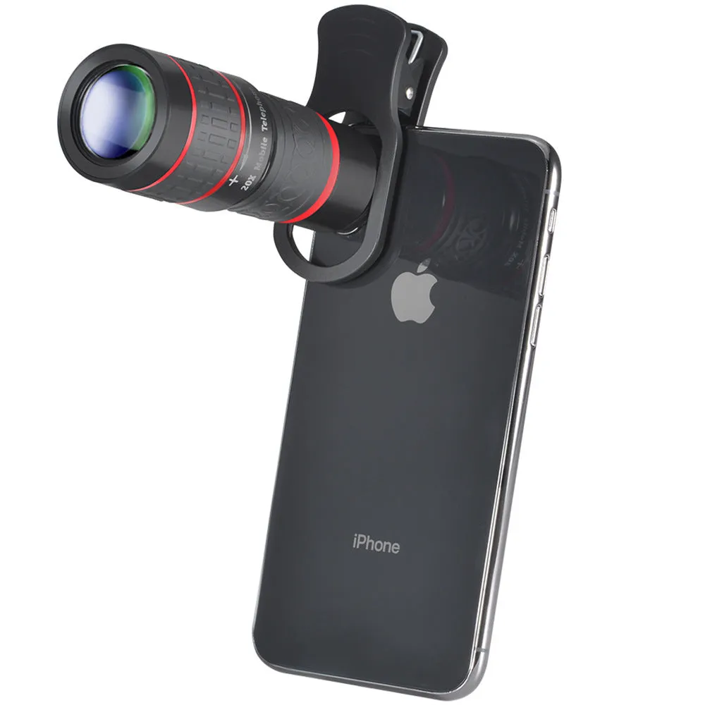 20x magnification smartphone telescope attachment with universal mounting clip and single-eye mask on a white background.
