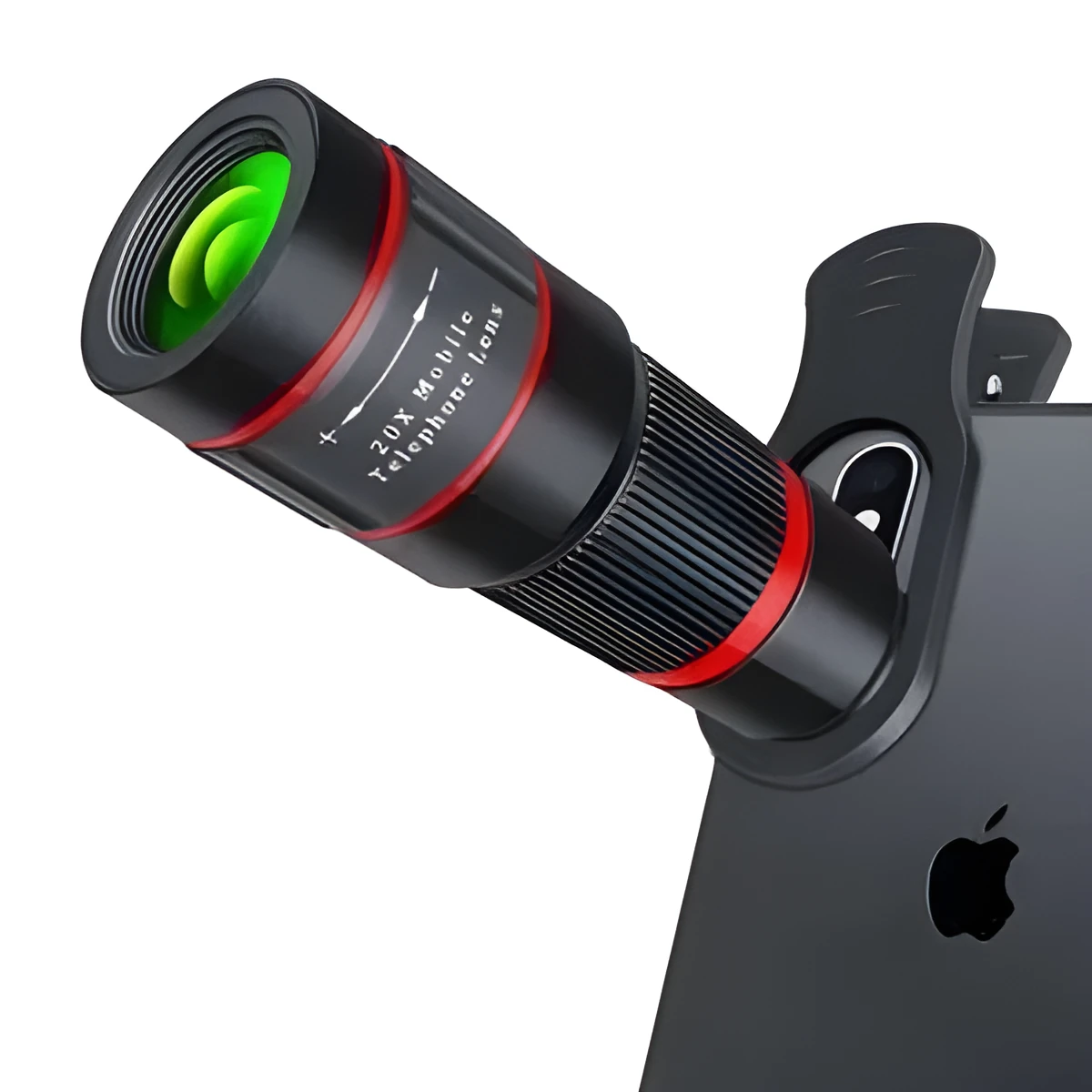 20x magnification smartphone telescope attachment with universal mounting clip and single-eye mask on a white background.