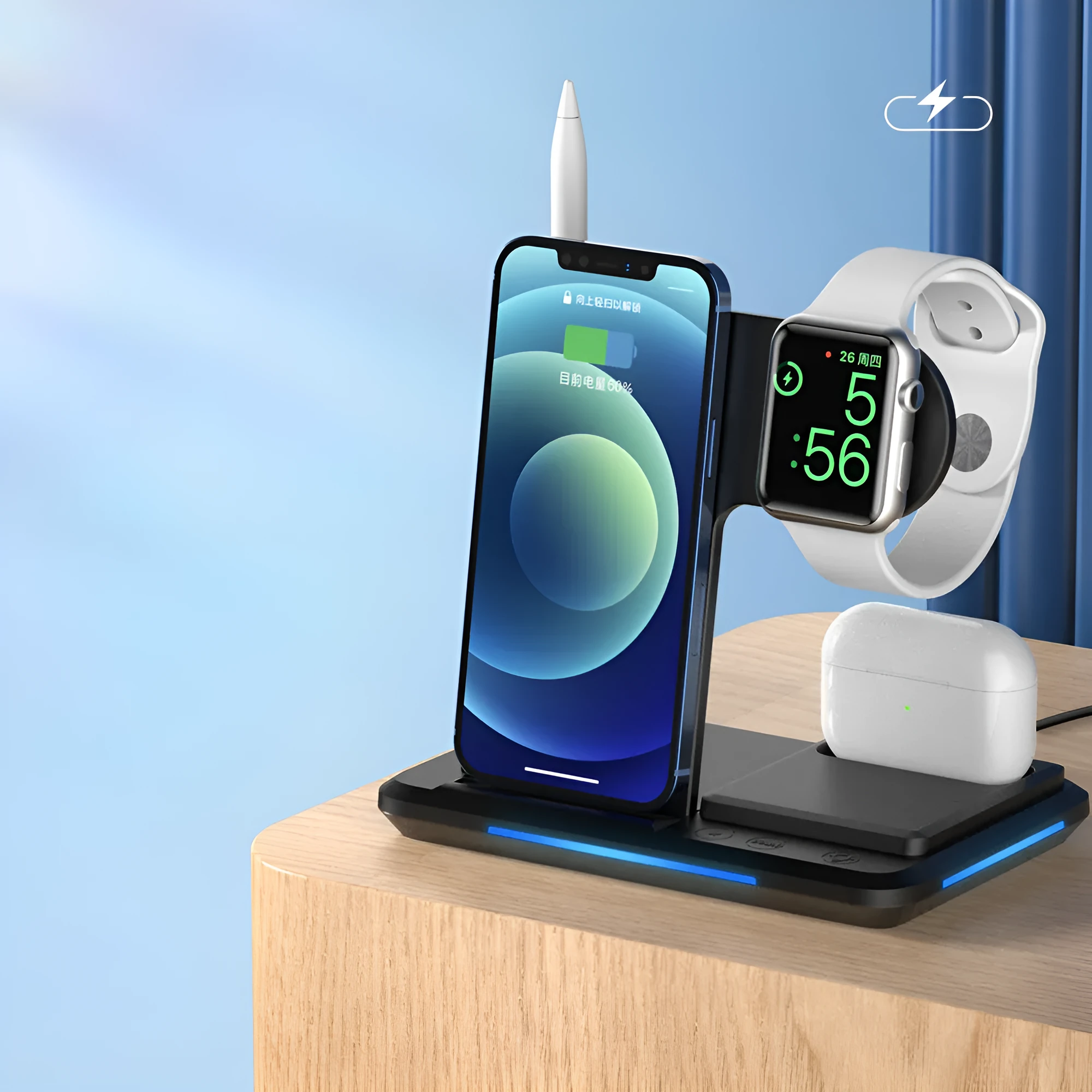 4-in-1 wireless charger for mobile phone headset watch Apple Pen, Y1 desktop model, black colour