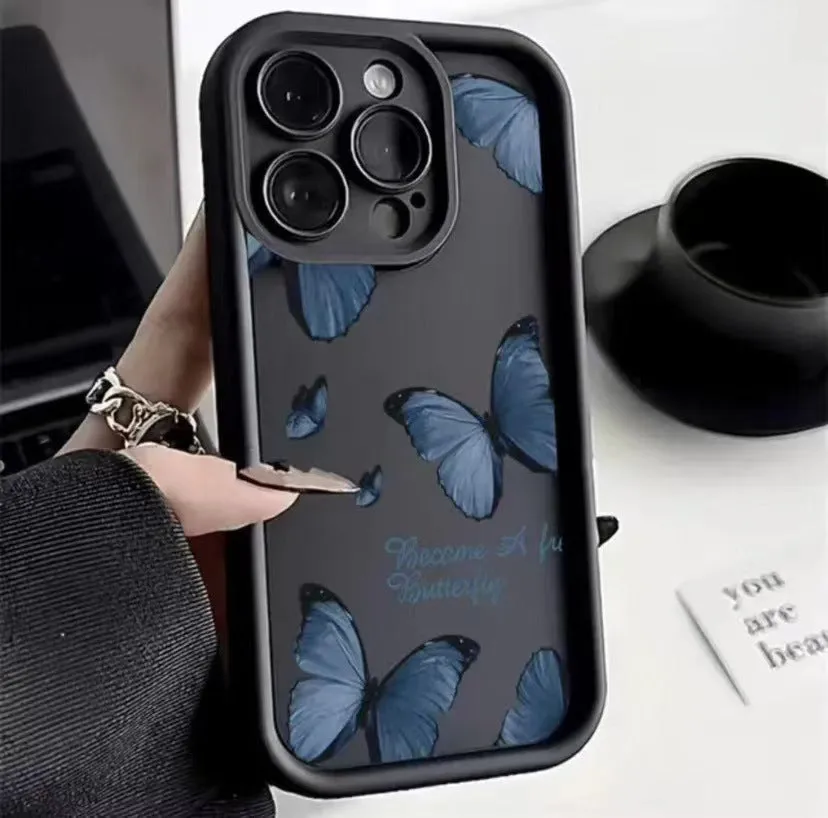 Blue butterfly printed edging drop-resistant TPU phone case for iPhone in black